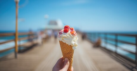 Sweet treat with the backdrop of a pier and sea. Ice cream on a summer vacation is refreshing on a hot day. Enjoy the dessert by the sea.