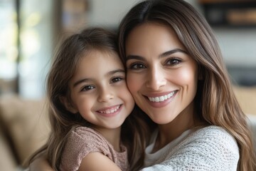 Happy latin mom embracing her little daughter and smiling, loving mommy hugging tight female kid, sitting together on sofa