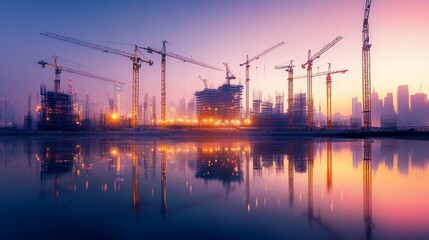 Obraz premium Urban Development: Construction Cranes at Dusk Reflecting on Water