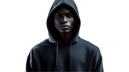 Portrait of a dark skinned person wearing a dark hoodie   in a studio shot isolated on transparent background