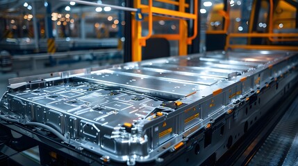Close up view of lithium iron phosphate battery pack installed electric bus bright reflections from overhead factory lights enhancing the metallic texture cut out on isolated transparent background