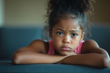 Mother hugging her upset little black girl sitting on sofa at home interior, closeup portrait, cropped. Motherhood, mother love concept