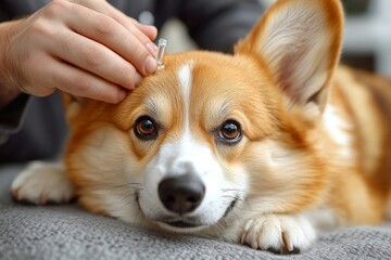 Cute pembroke welsh corgi dog getting injection with vaccine during appointment in veterinary clinic, man veterinarian in uniform making an injection to pet, free