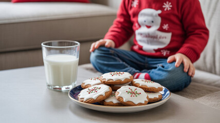 Child in red sweater with festive pattern sitting at table with glass of milk and plate of star-shaped gingerbread cookies