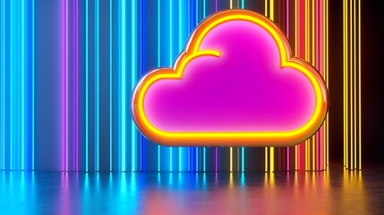 Vibrant Pink Neon Cloud Symbol with Multicolored Vertical Lines