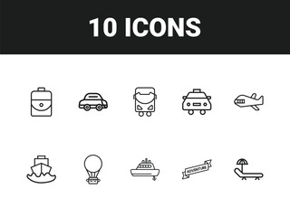 Holiday line icon set. Set of outline icons related to vacations, beaches, career bags, tourist transportation, tourism, travel and others. Vector illustration.