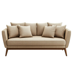 Fototapeta premium A wooden sofa with gray cushions, front view, isolated on a transparent background PNG