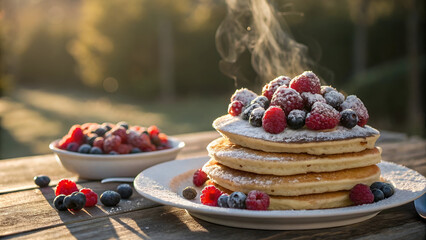 Pancakes with berries and powdered sugar