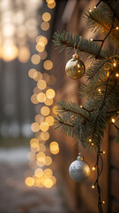 Pine branch with lights and Christmas baubles