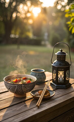 Rustic table setting with stew and teapot