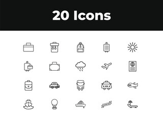 Holiday line icon set. Set of outline icons related to vacations, beaches, career bags, tourist transportation, tourism, travel and others. Vector illustration.