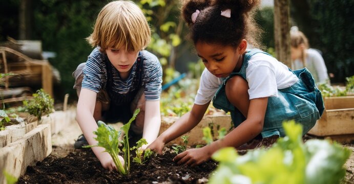 Kids growing vegetables together in a raised garden bed, fostering connection with nature and learning sustainable gardening.