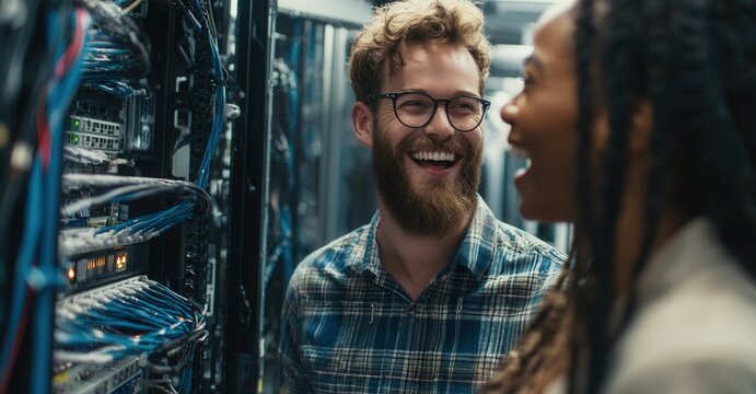 Two happy technicians working in a server room, with lots of cables and working servers in the background. Happy to work. - Powered by Adobe