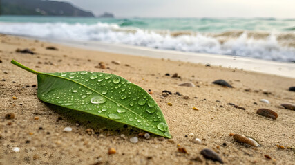 Green leaf with droplets on sandy beach