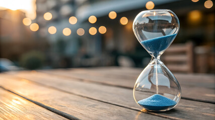 Hourglass with blue sand and bokeh lights