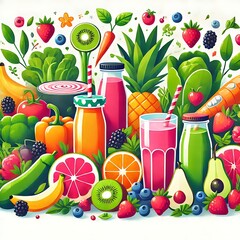 Colorful assortment of fresh fruits and vegetables arranged with vibrant juices and smoothies on a bright background Generative AI
