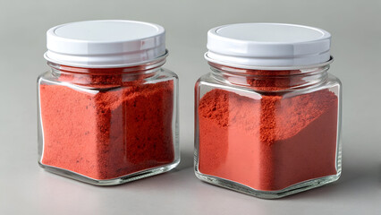 Glass jars with red powder on gray surface