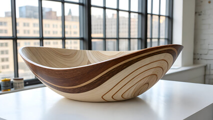 Abstract wooden bowl with flowing grain design