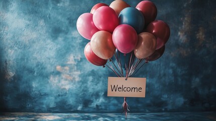 Festive Balloons with a "Welcome" Sign on Textured Blue Background for Celebrations, Greetings, and Invitations