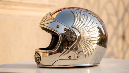 Futuristic chrome helmet with sculptural design