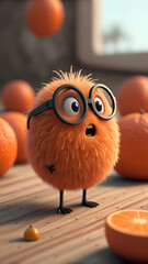 Fuzzy orange creature with glasses surprised
