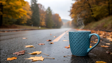 Blue mug on wet road with autumn leaves