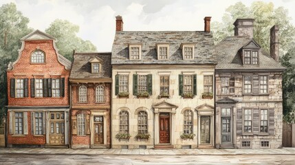 Fototapeta premium Quaint Colonial Street Scene: A Watercolor Rendering of Historic Architecture
