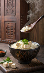 Rustic bowl of rice with tofu and herbs