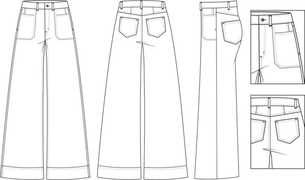 Women's Wide-Leg Denim Pants &ndash; Full Technical CAD Flat Sketch Featuring Front and Back Views, Pocket Detailing, Stitch Lines, and Garment Construction Elements for Fashion Design and Mockup Templates