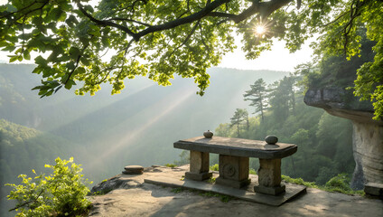 Stone altar with offerings in sunlit forest setting