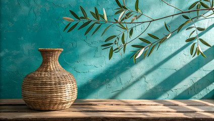 Rustic woven basket vase on wooden surface with teal wall
