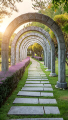 Stone arch garden pathway with lush greenery and sunlight