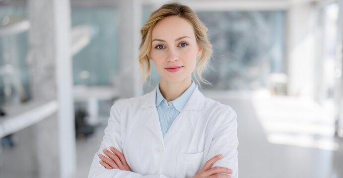 Confident female doctor stands with arms crossed in bright clinic, exuding professionalism and expertise in healthcare. - Powered by Adobe