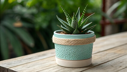 Succulent in teal pot on wooden surface with garden background
