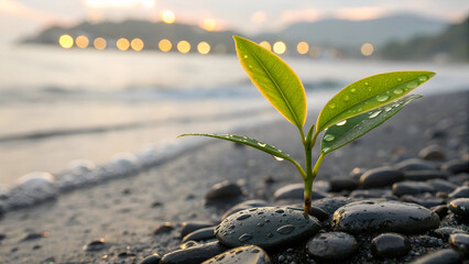 Green plant with yellow-edged leaves on wet pebbles by beach
