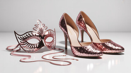 Pair of sparkly high heel shoes with decorative masquerade masks in neutral background, luxury fashion theme
