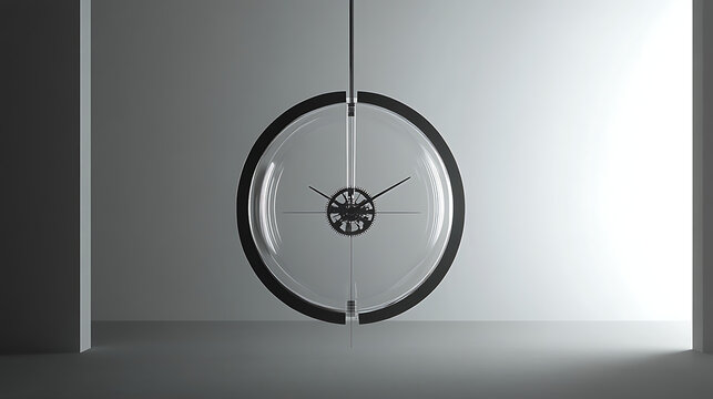 Professional studio capture of a minimalist hanging clock designed with transparent surfaces, layered mechanics, and animated highlights 
