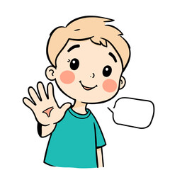Cute cartoon boy waving hello with speech bubble