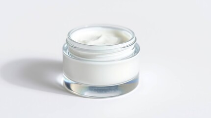A white, opaque, cylindrical jar with a clear lid sits on a white surface, revealing a dollop of white cream inside