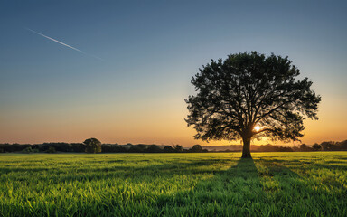 Lone tree in a tranquil field during sunset with vibrant sky and visible contrail, casting long shadow over lush green grass