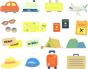 旅行・乗り物・小物のイラストセット