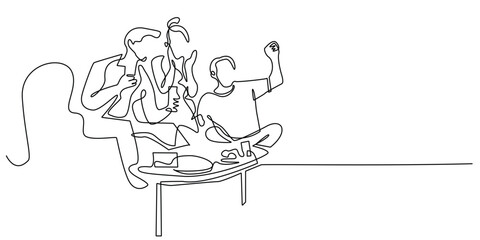 continuous line drawing of family fun in the lounge. enjoying food together, telling warm stories, father and mother and adult children. line art vector illustration