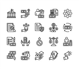 Money management icon collection set. Containing investing, asset, budgeting, banking, evaluating taxes, investment, wealth icon. Simple line vector.
