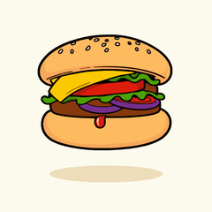 Delicious illustration of a classic hamburger featuring fresh ingredients and a cartoon style design suitable for food related themes