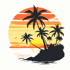 Vector illustration of a tropical sunset scene with palm trees on an island shore and reflecting sunset colors