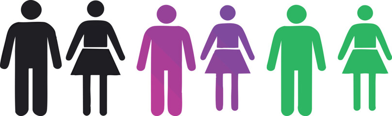 A set of six gender symbols in black purple and green representing men and women in a row on white