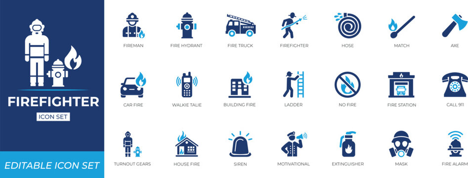 Firefighter icon set featuring rescue, silhouette, support, vignetting, uniform, and protection symbols ideal for safety training, infographics, and public awareness.
