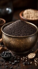 Dark seeds in a bronze bowl