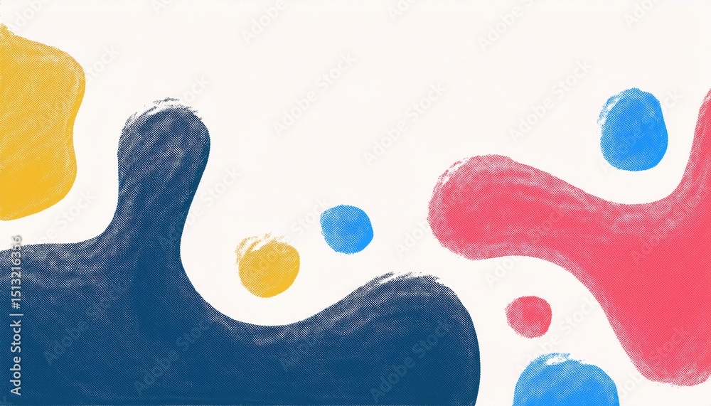 Poster abstract organic blobs with halftone texture in primary colors for modern branding, web design, or poster background with playful minimalist shapes and dynamic visual movement

