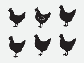 Flat design collection of chicken silhouettes featuring combs beaks and tail details